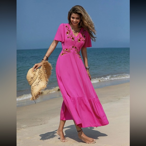 #131 Embroidered Pink V-Neck Dress 100% Viscose - Picture 2 of 4